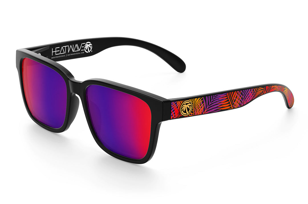 Heat Wave Visual Apollo Sunglasses with black frame, neon palm print arms and atmosphere blue red lenses.