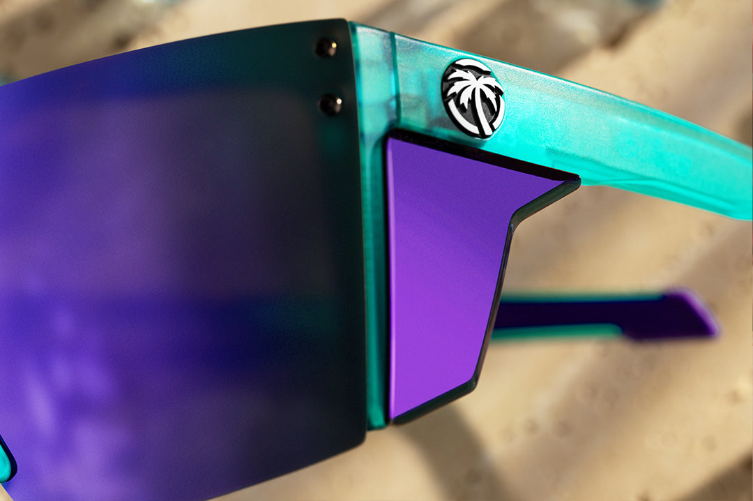 Close up of purple side shield protection on Heat Wave Performance XL Lazer sunglasses