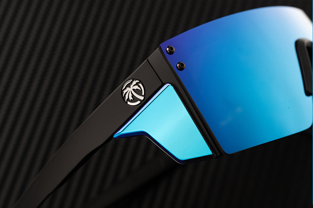 Close up of the galaxy blue protective side shield on the Performance Lazer Slim sunglasses by Heat Wave.
