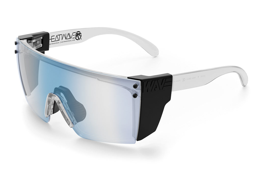 Heat Wave Visual Lazer Face Z87 Sunglasses with clear frame, black nose piece, clear blue blocker lens and black side shields.