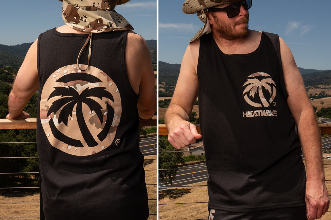 Front and back of a an wearing a black Heat Wave tank top with desert camo palm tree logos.