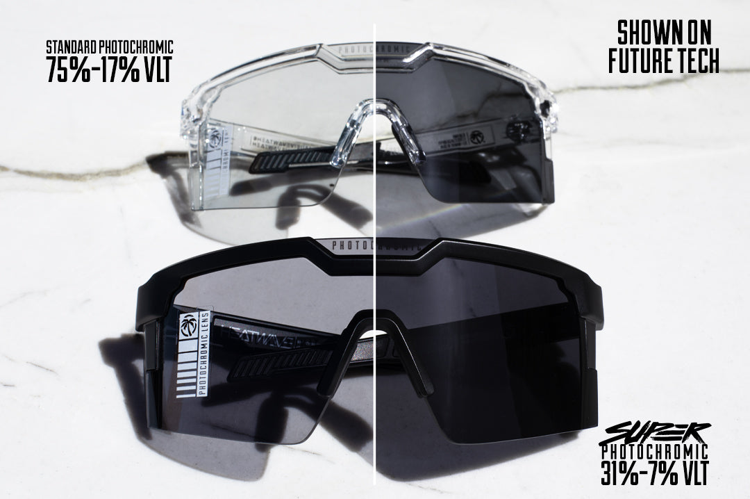 Comparison of  the Heat Wave Future Tech clear Photochromic sunglasses and the black Super Photochromic sunglasses.