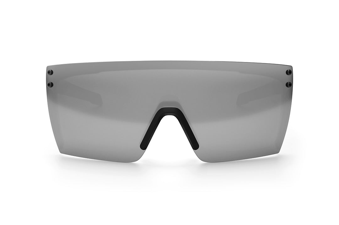 Front view of  the Heat Wave Visual Performance Lazer Face Sunglasses with black frame and silver lens.
