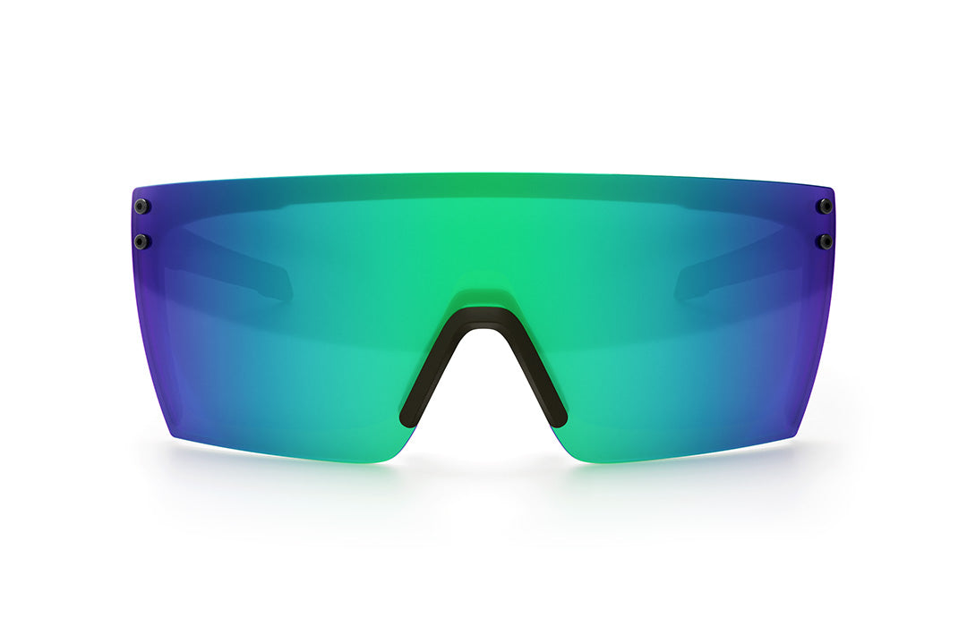 Front view of the Heat Wave Visual Performance Lazer Face Sunglasses with black frame and piff green blue lens.