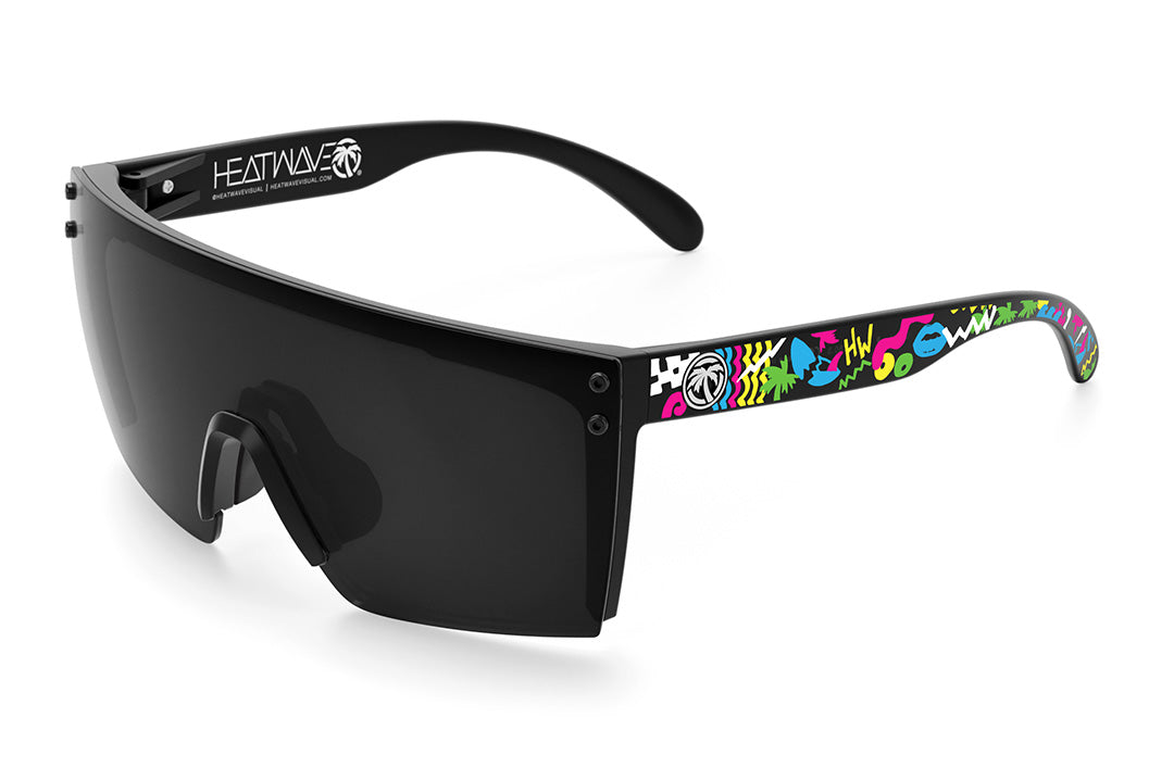 Heat Wave Visual Lazer Face Sunglasses with black frame, beach party print arms and black lens. 