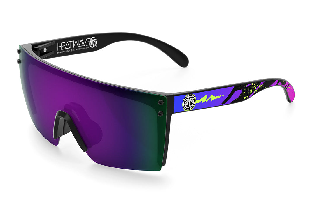 Heat Wave Visual Lazer Face Sunglasses with black frame, gel print arms and ultra violet lens.