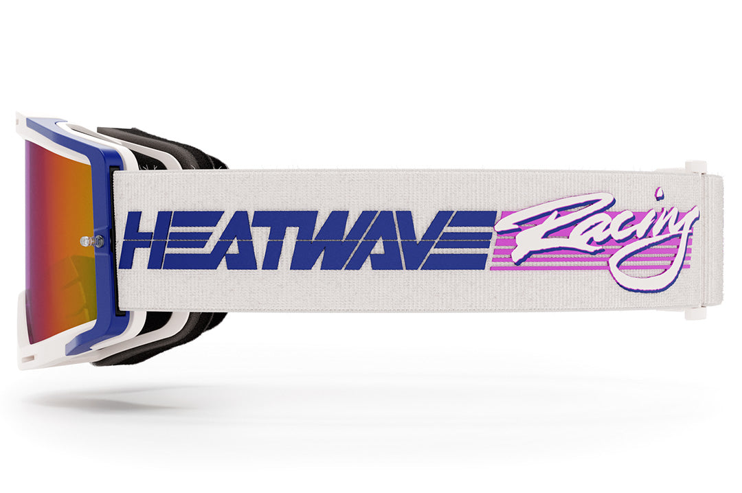 Side view of the Heat Wave Visual MXG 250 Motorsport Goggles in the Highlighter Racing white color with spectrum pink lens. 