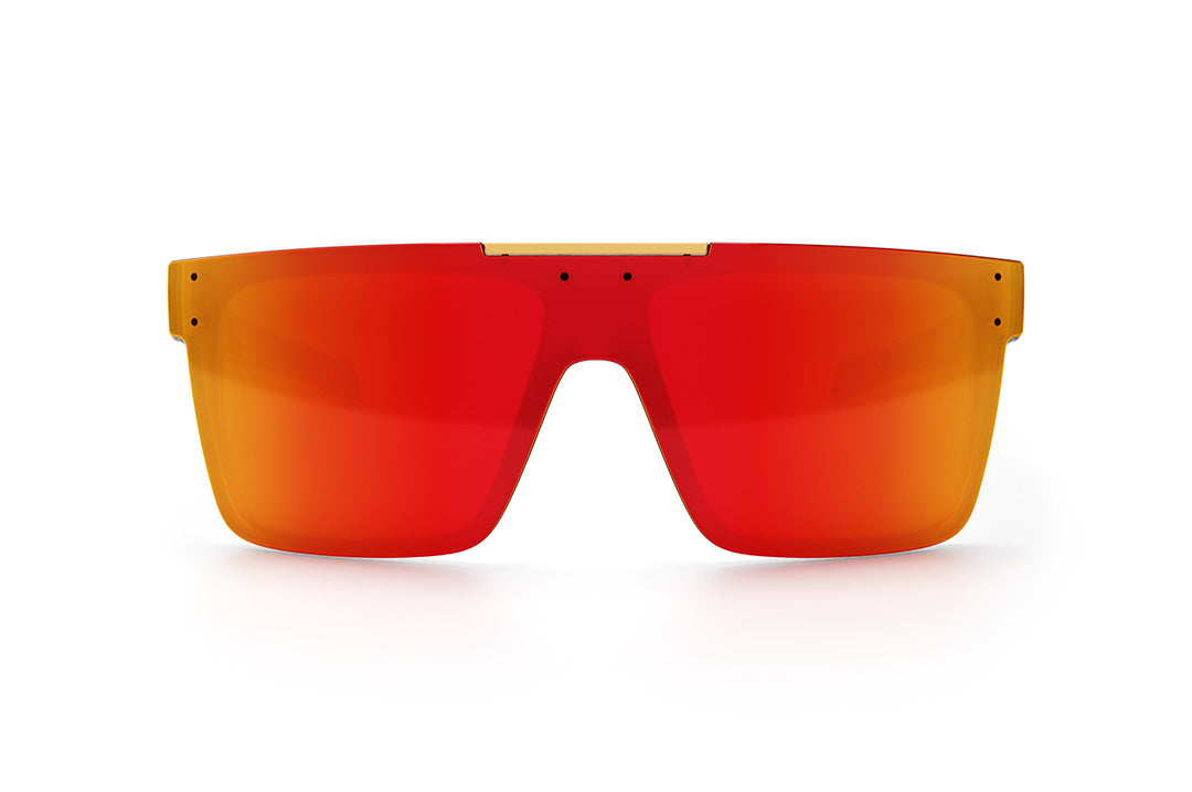 Front view of the Heat Wave Visual Performance Quatro Sunglasses with clear frame, sunblast red orange lens and matching side shields.