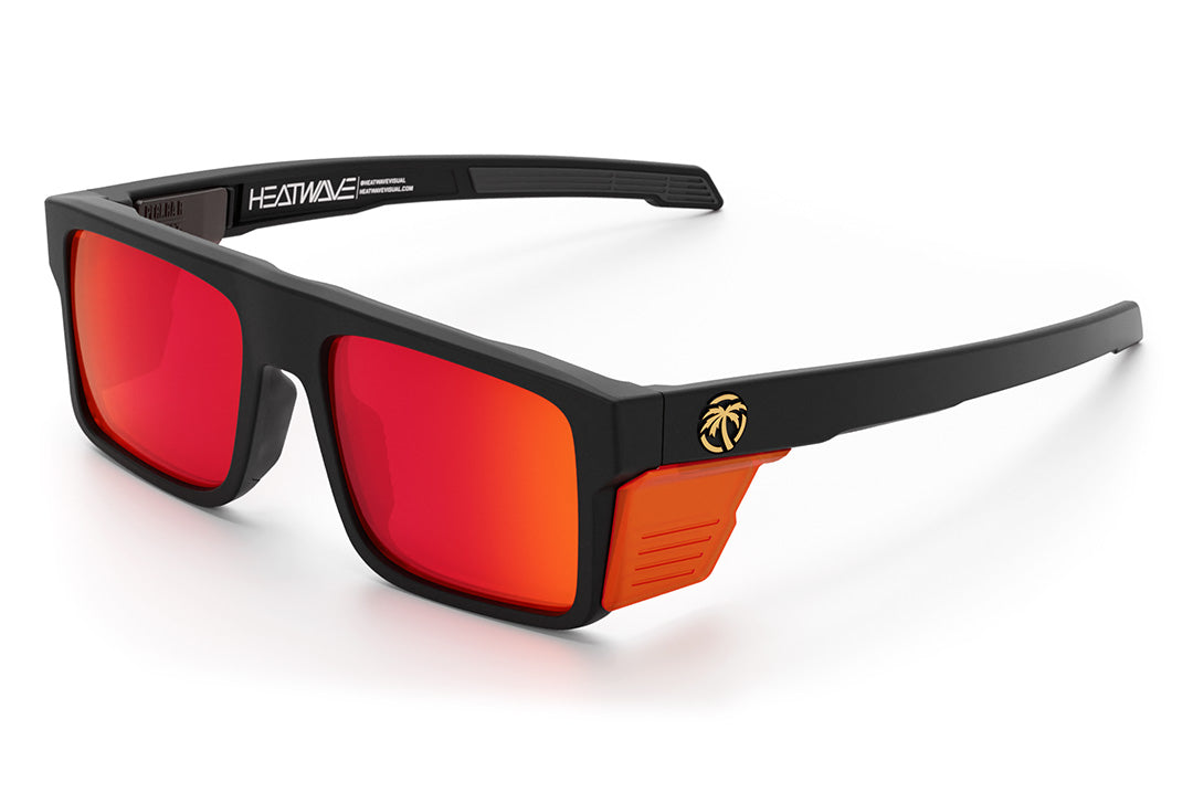 Heat Wave Visual Performance Rayth Sunglasses with black frame, firestorm red lenses and matching side shields.