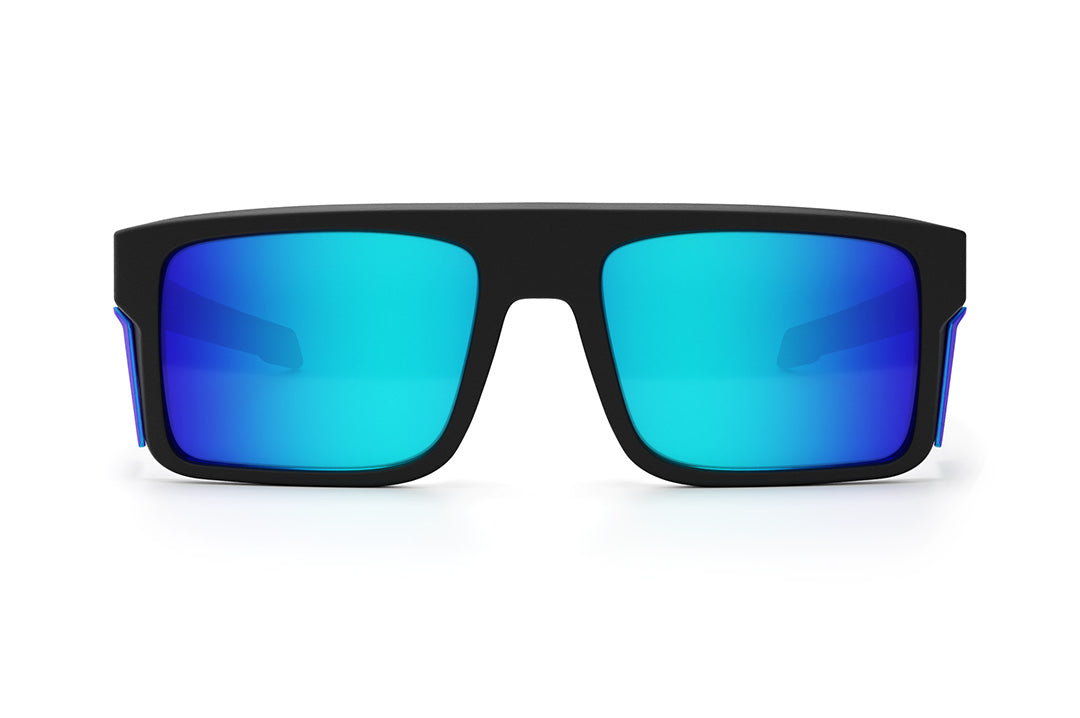 Front view of the Heat Wave Visual Performance Rayth Sunglasses with black frame, galaxy blue lenses and matching sides shields.