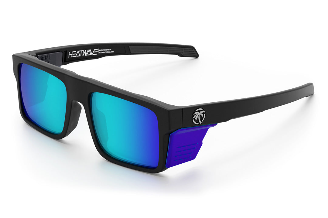 Heat Wave Visual Performance Rayth Sunglasses with black frame, galaxy blue lenses and matching sides shields.