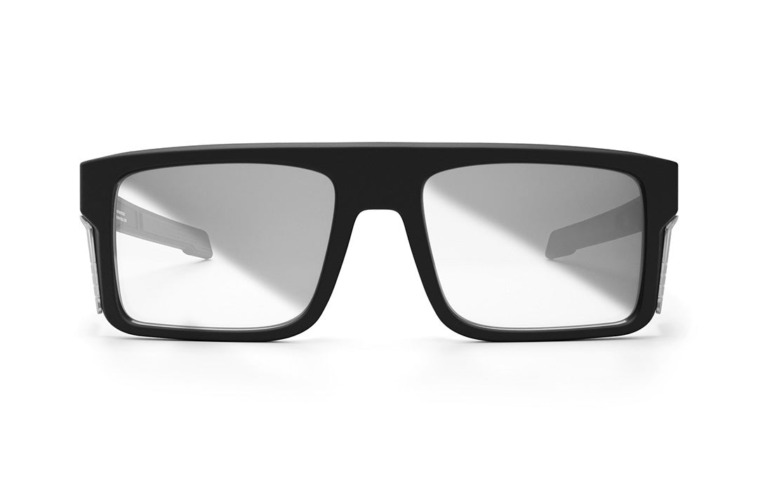Front view of the Heat Wave Visual Performance Rayth Sunglasses with black frame, photochromic lenses and matching side shields.