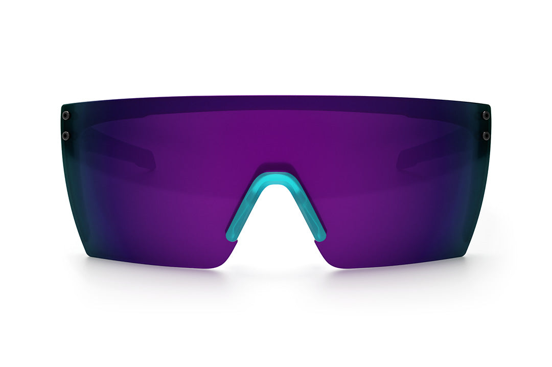 Front view of the Heat Wave Visual Performance XL Lazer Face with aqua frost frame, ultra violet lens and matching side shields.