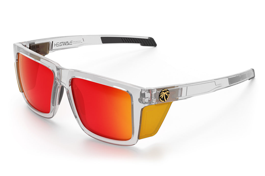 Heat Wave Visual Performance XL Vise Sunglasses with clear frame, sunblast red orange lenses and matching side shields. 
