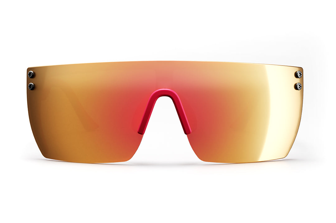 Front of Heat Wave Visual Lazer Face kids sunglasses pink frame, pink splatter print arms and rose gold lens.