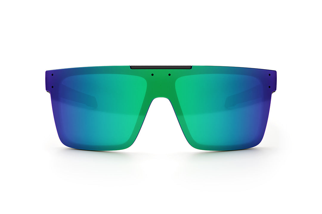 Front view of the Heat Wave Visual Performance Quatro Sunglasses with black frame and piff green blue lens. 