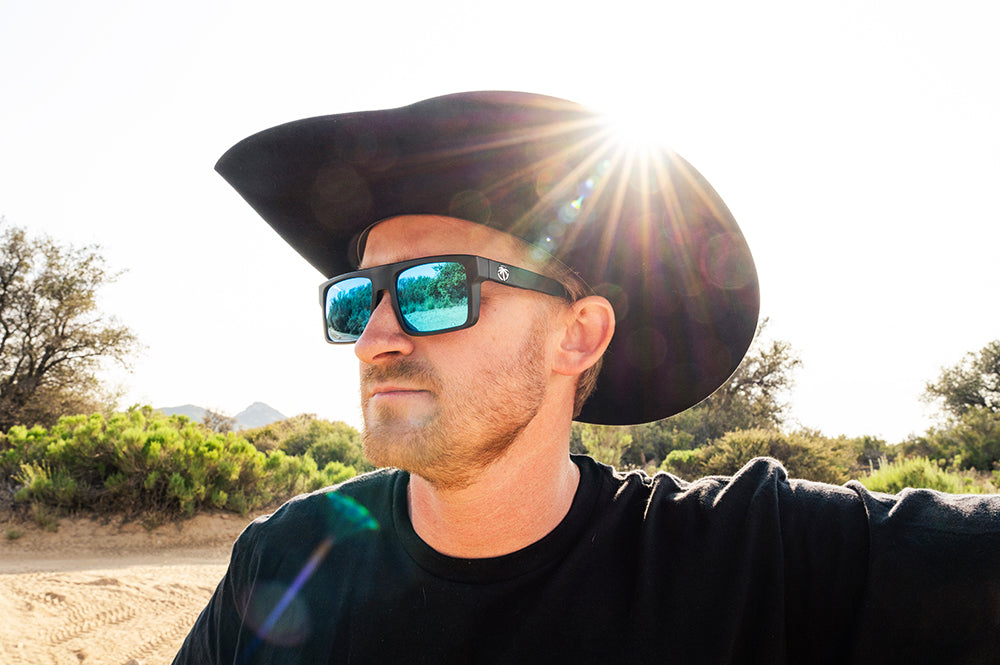 Chris Isenhouer rocking the Heat Wave Visual Performance Rayth Galaxy Blue Sunglasses.