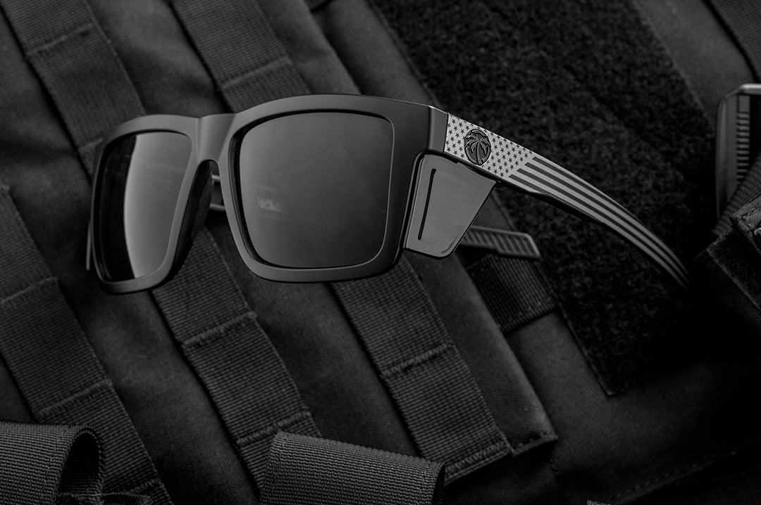 Heat Wave Performance Vise black safety sunglasses with Socom USA Flag arms.