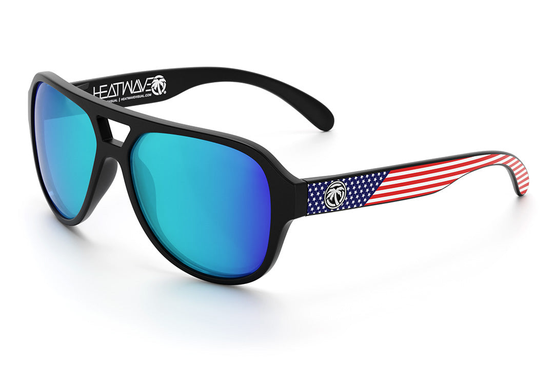 Heat Wave Visual Supercat Sunglasses with black frame, USA print arms and galaxy blue lenses.