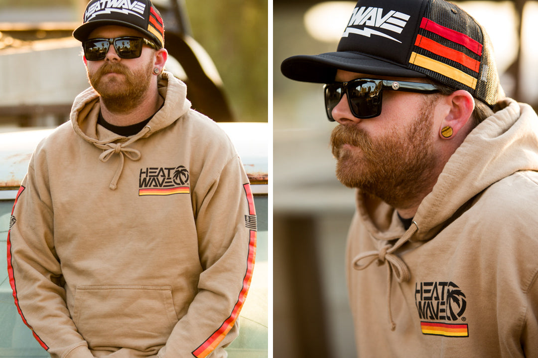 Professional race trucker driver Nick Isenhouer wearing Heat Wave Visual USA made Vise Sunglasses with gloss black frame and black lenses.