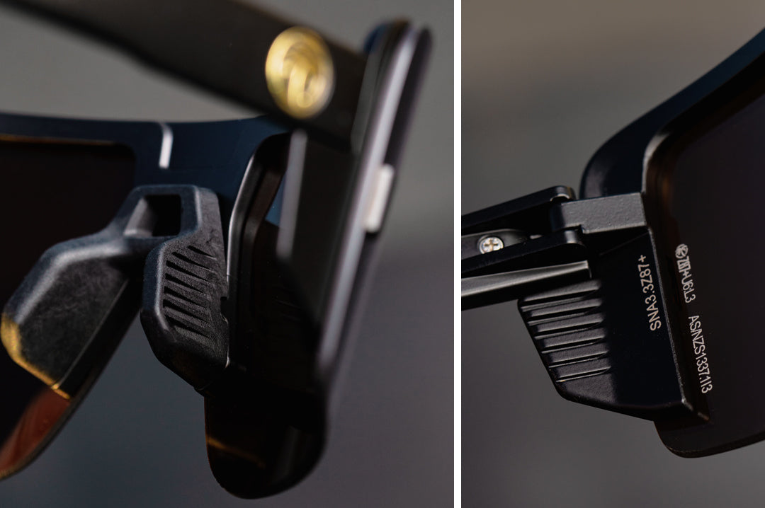 Close up of Heat Wave Visual XL Vector Sunglasses.