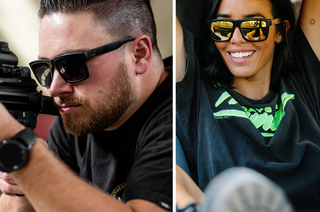 Man and woman wearing Heat Wave Visual black Vise sunglasses.
