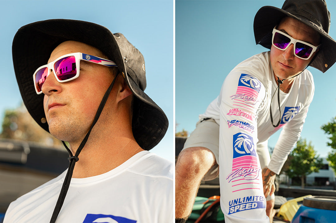 Young dude rocking the Heat Wave Visual XL Vise Sunglasses with gloss white frame, wild print arms and atmosphere lenses.