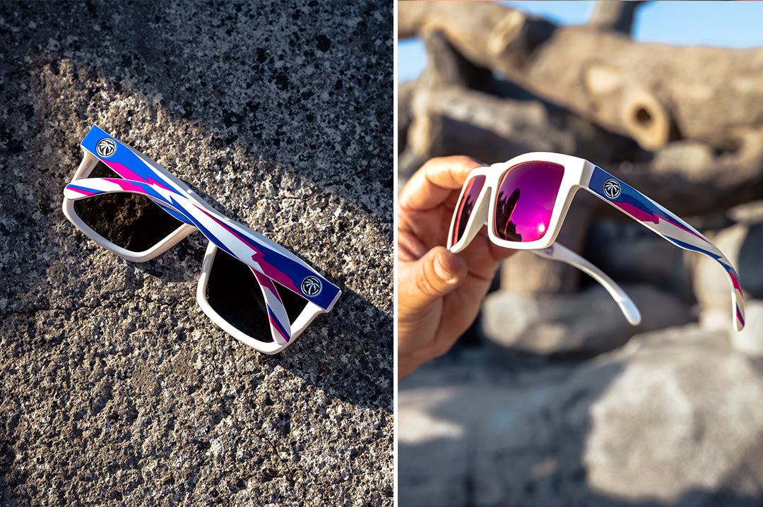 Lying on the concrete is the Heat Wave Visual Z87 Vise Sunglasses with gloss white frame, wild print arms and atmosphere lenses.