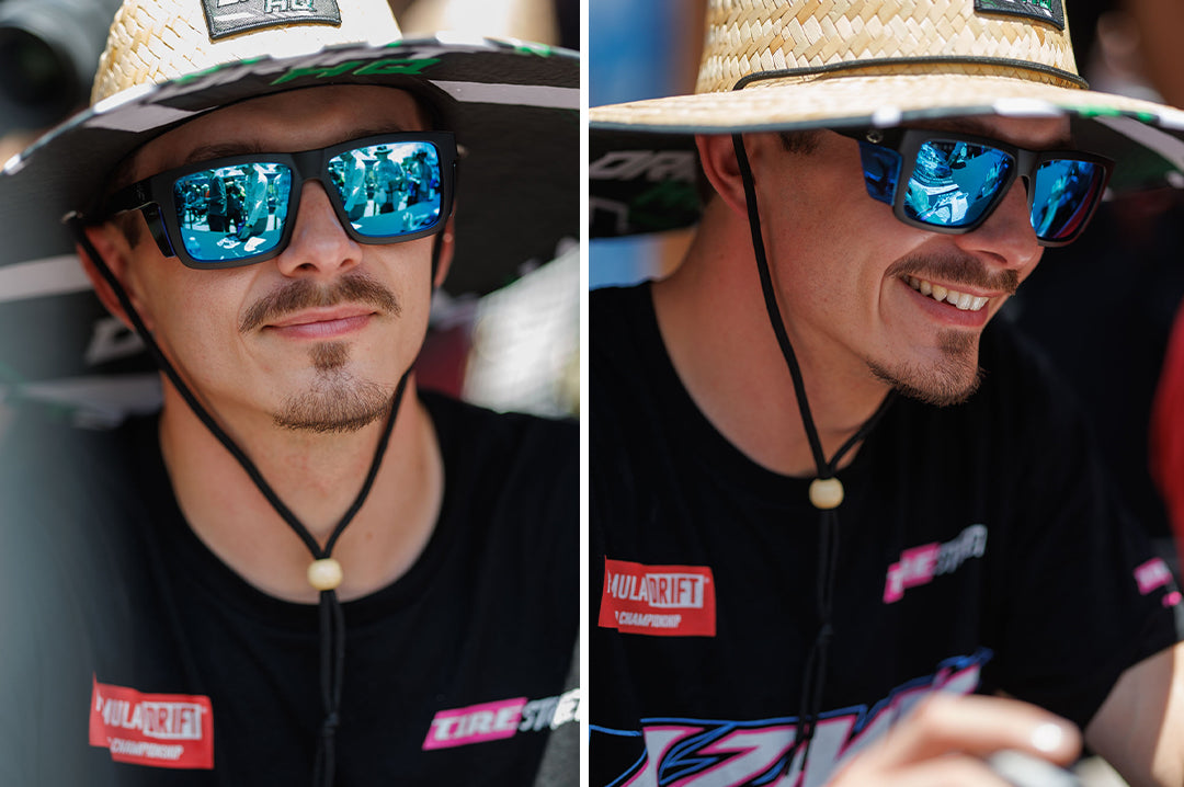 Adam LZ rocking the Heat Wave Visual Performance XL Vise Sunglasses with black frame, galaxy blue lenses and matching colored side shields.