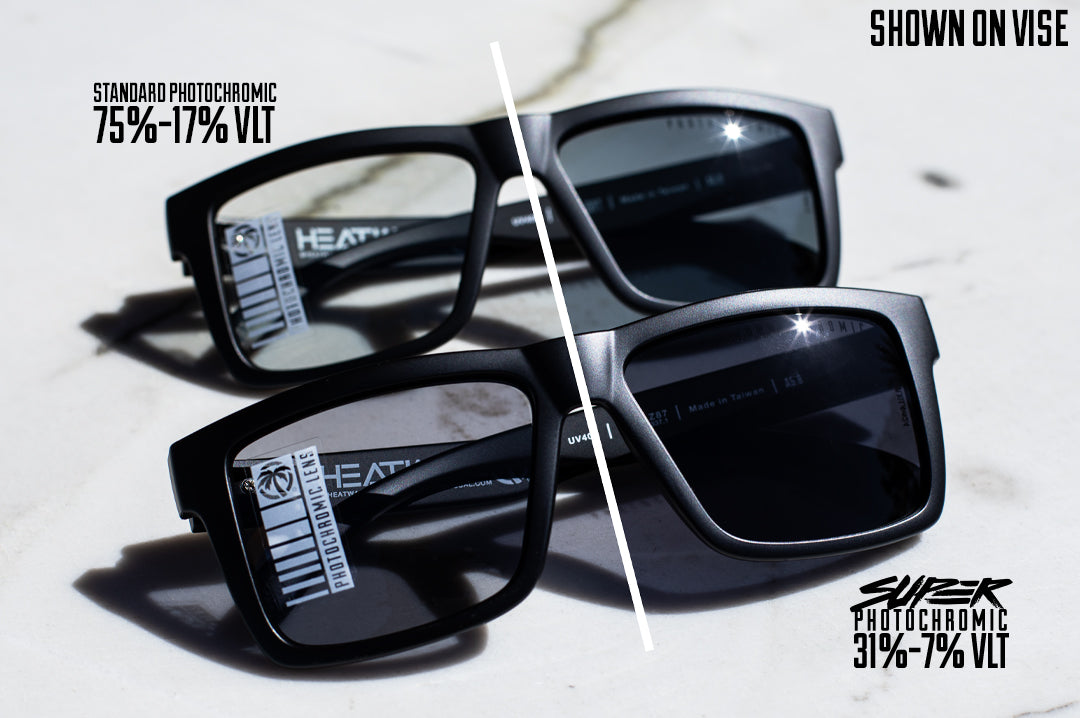 Heat Wave Performance Vise Super Photochromic sunglasses showing the change from black to ultra black lens and how it compares to the Photochromic version.