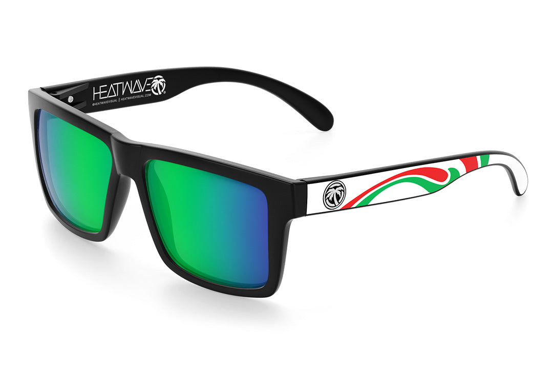 Heat Wave Visual Vise Sunglasses with black frame, friction print arms and piff green blue lenses.