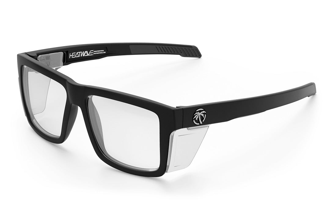 Heat Wave Visual Performance Vise Sunglasses with black frame, anti-fog clear lenses and clear side shields.