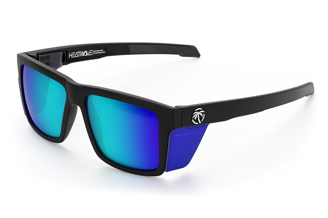 Heat Wave Visual Performance Vise Sunglasses with black fame, galaxy blue lenses and matching colored side shields.