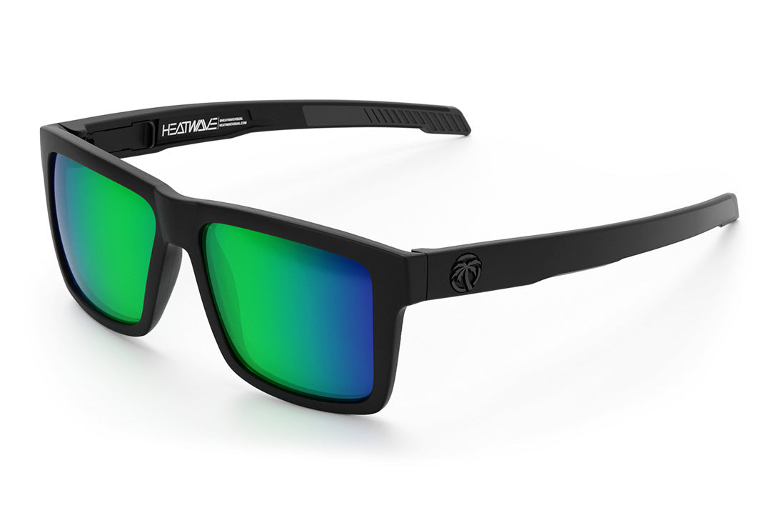 Heat Wave Visual Performance Vise Sunglasses with black frame and piff green blue lenses.