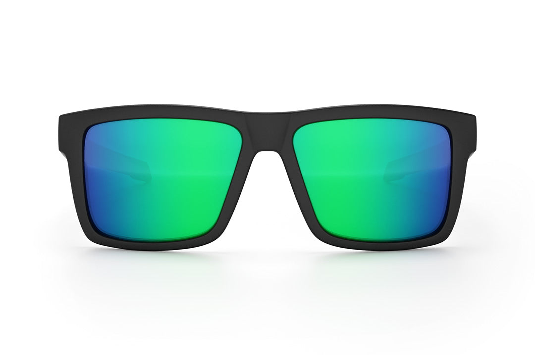 Front view of the Heat Wave Visual Performance Vise Sunglasses with black frame and piff green blue lenses.