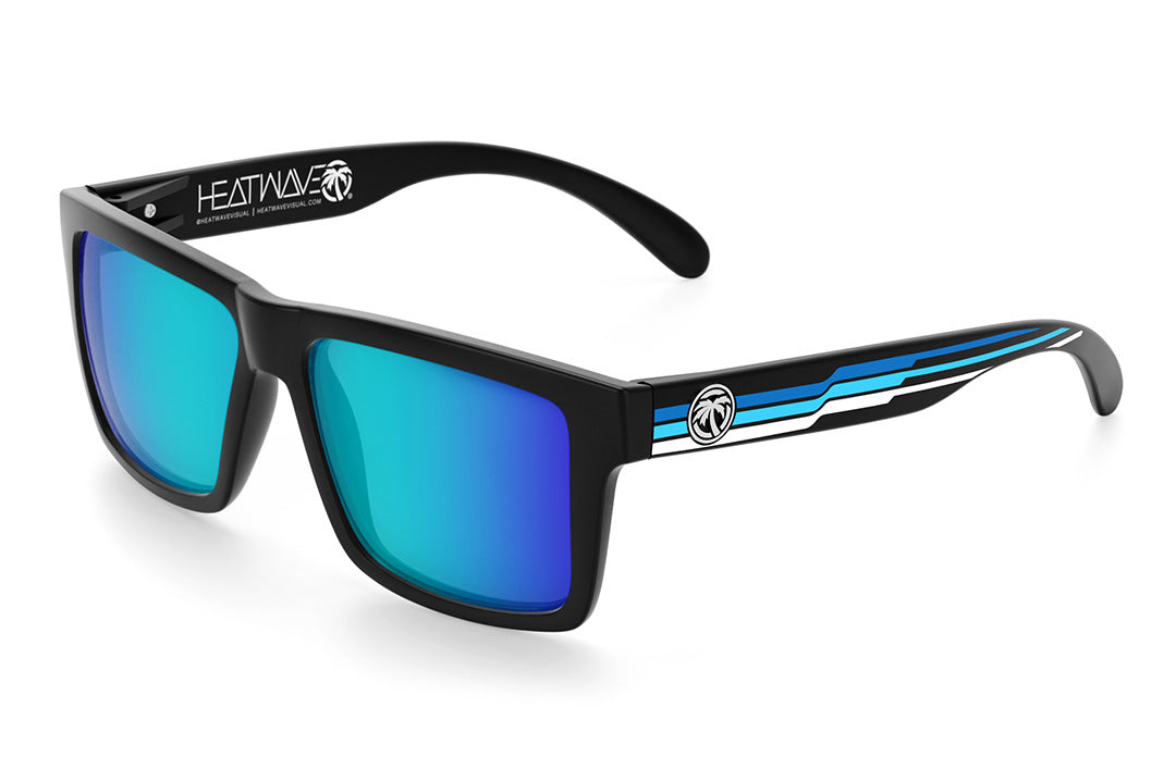 Heat Wave Visual Vise Sunglasses with black frame, side stripe blue print arms and galaxy blue lenses.