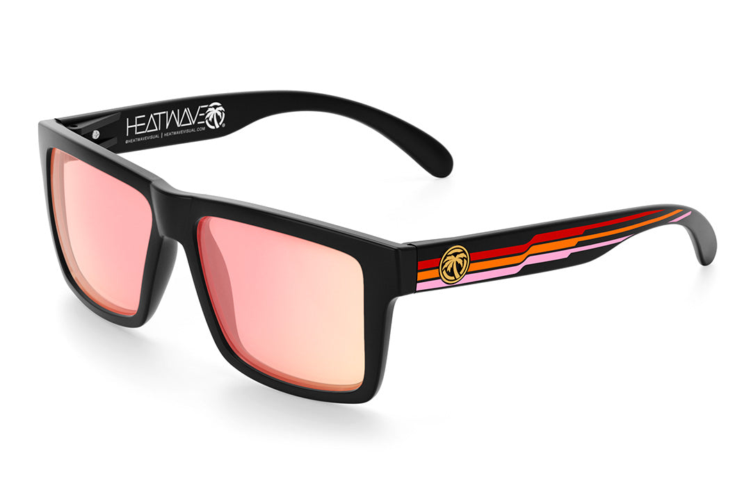 Heat Wave Visual Vise Sunglasses with black frame, side stripe red print arms and rose gold lenses.