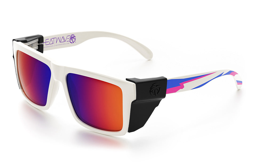 Heat Wave Visual Z87 Vise Sunglasses with gloss white frame, wild print arms, atmosphere lenses and black side shields. 