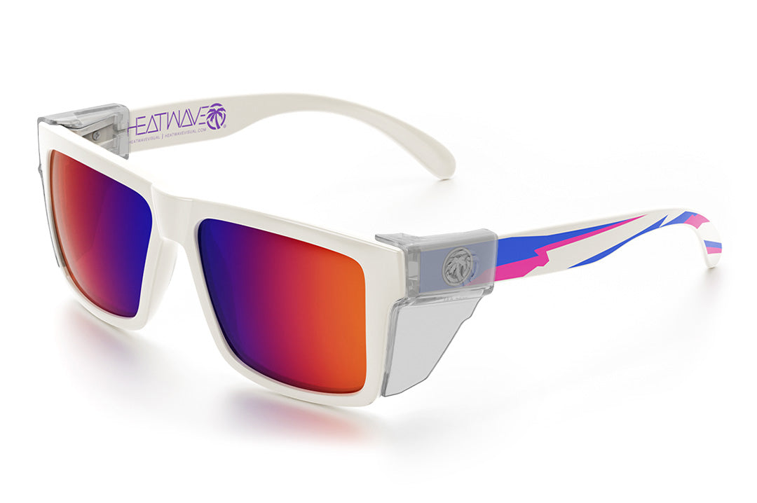Heat Wave Visual Z87 Vise Sunglasses with gloss white frame, wild print arms, atmosphere lenses and clear side shields. 