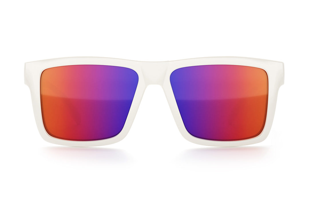 Front view of the Heat Wave Visual Z87 Vise Sunglasses with gloss white frame, wild print arms and atmosphere lenses.