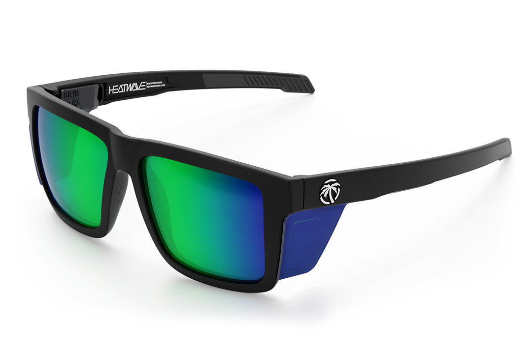 Heat Wave Visual Performance XL Vise Sunglasses with black frame, piff green blue lenses and matching colored side shields.