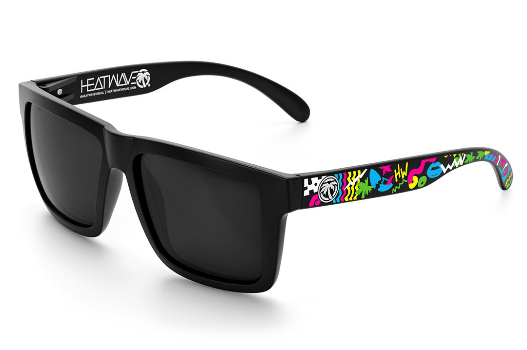 Heat Wave Visual XL Vise Sunglasses with black frame, beach party print arms and black lenses.