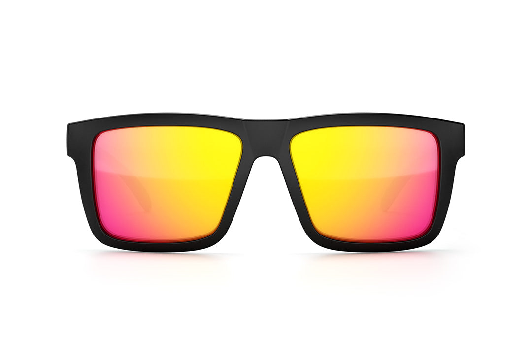 Front view of Heat Wave Visual XL Vise Sunglasses with black frame and tropic pink yellow lenses.