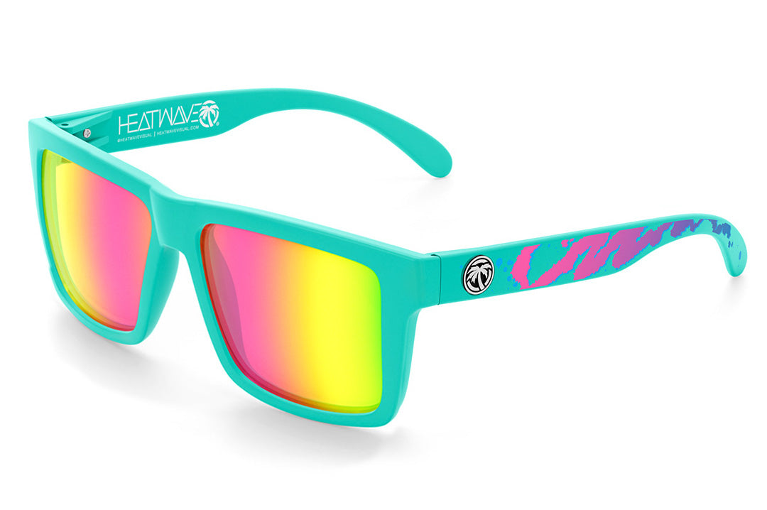 Heat Wave Visual XL Vise Sunglasses with teal frame, hypersplash print arms and spectrum pink yellow lenses.