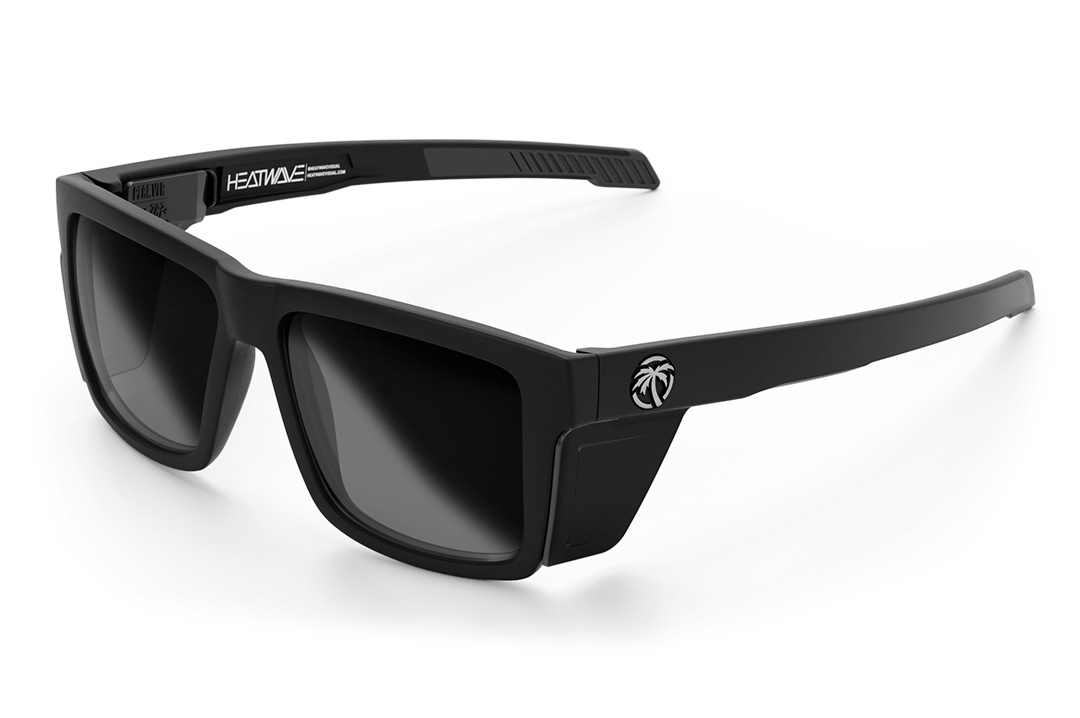Heat Wave Visual Performance Vise Sunglasses with black frame, super photochromic lenses and matching side shields.