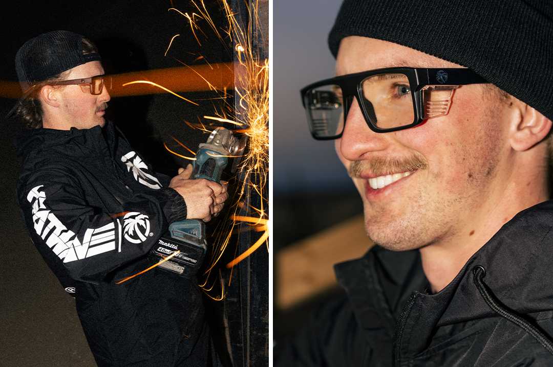 Dude grinding metal wearing the Heat Wave Visual Performance Rayth Sunglasses with black frame, anti-fog clear lenses and clear side shields. 