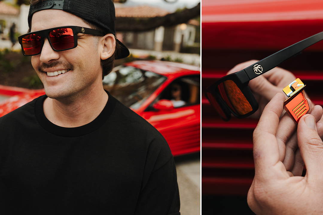Young dude rocking the Heat Wave Visual Performance Rayth Sunglasses with Firestorm red lenses.